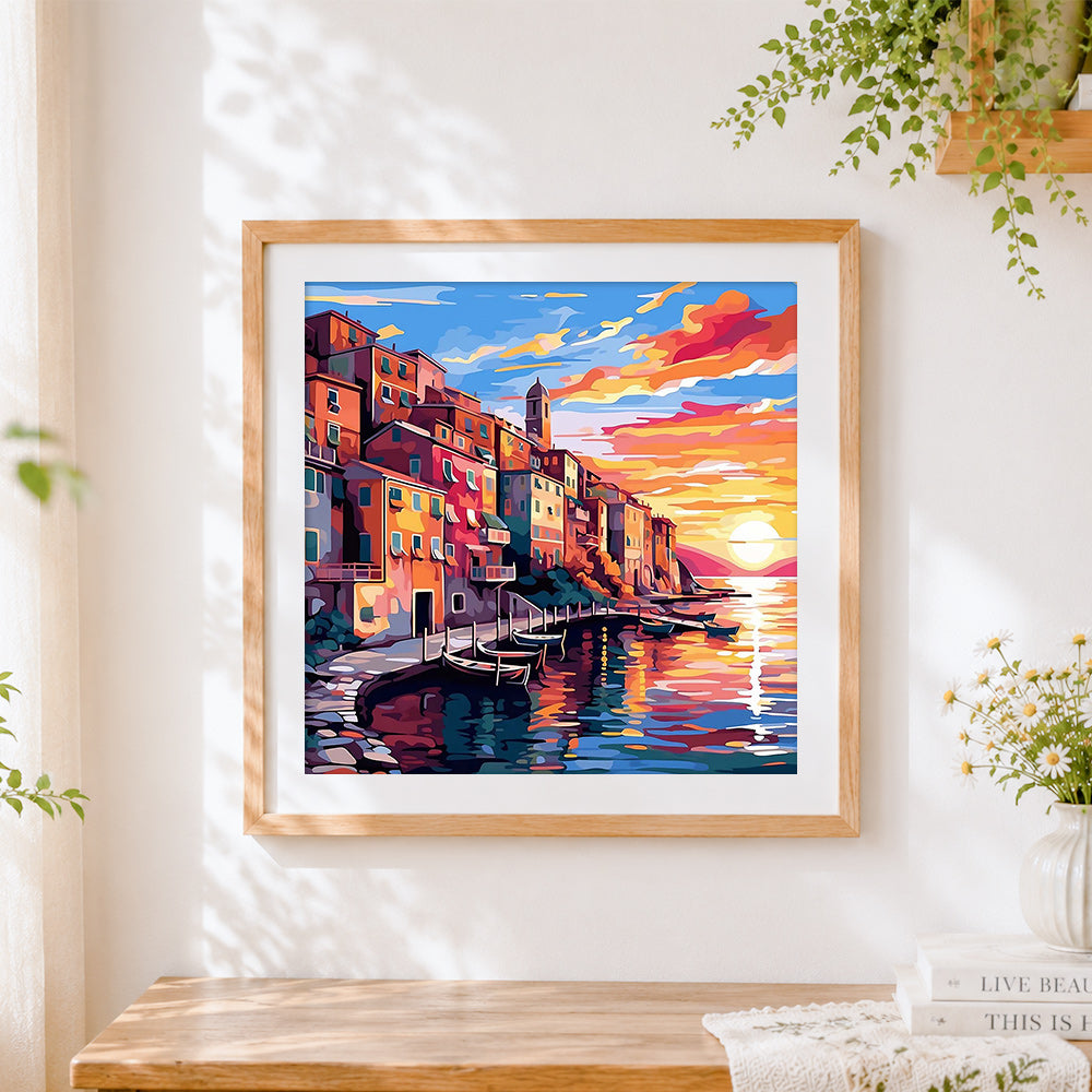 Finished sunset over cinque terre cross stitch artwork displayed