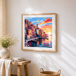 Sunset over cinque terre cross stitch artwork displayed on wall as home decor