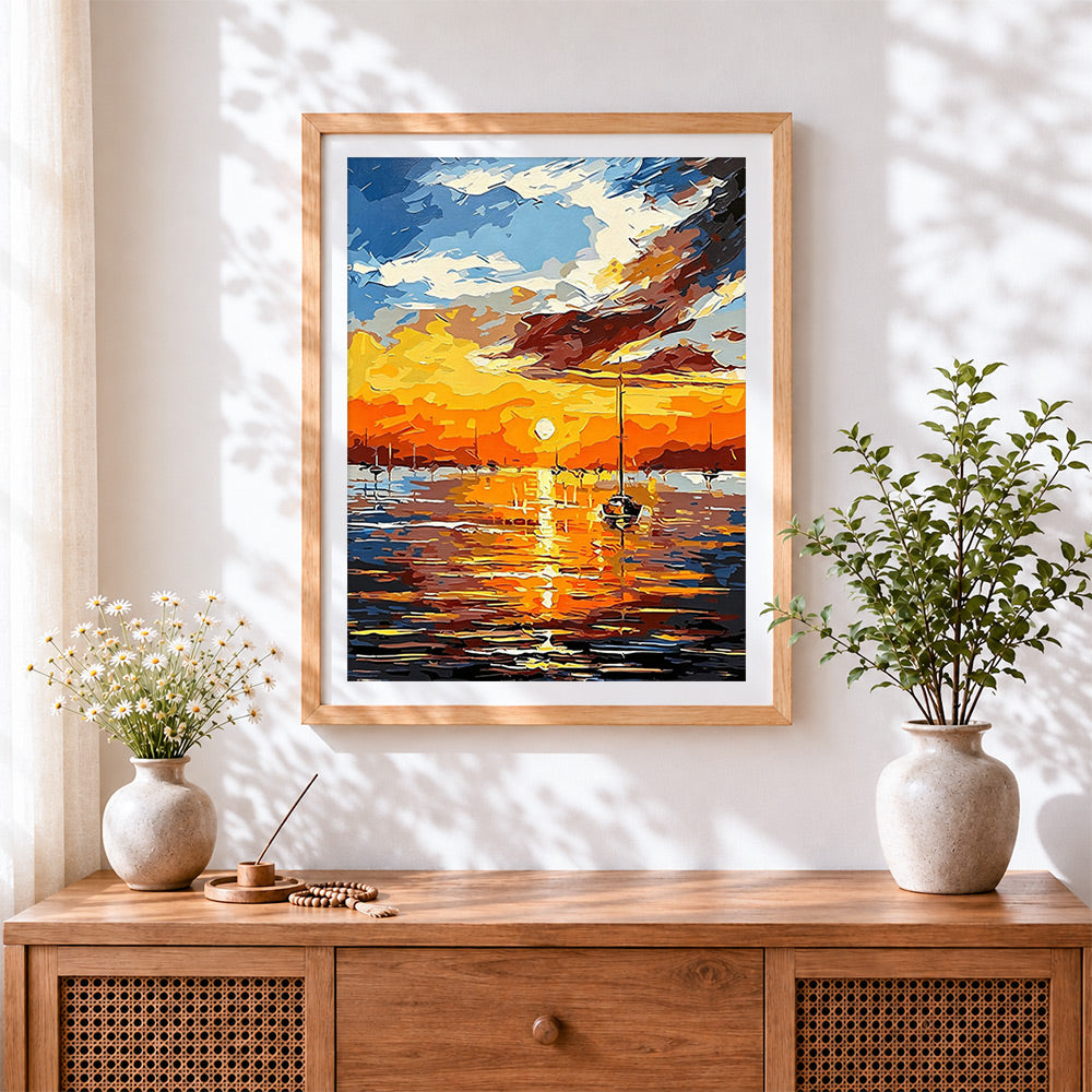 Finished sunset over the harbour cross stitch artwork displayed