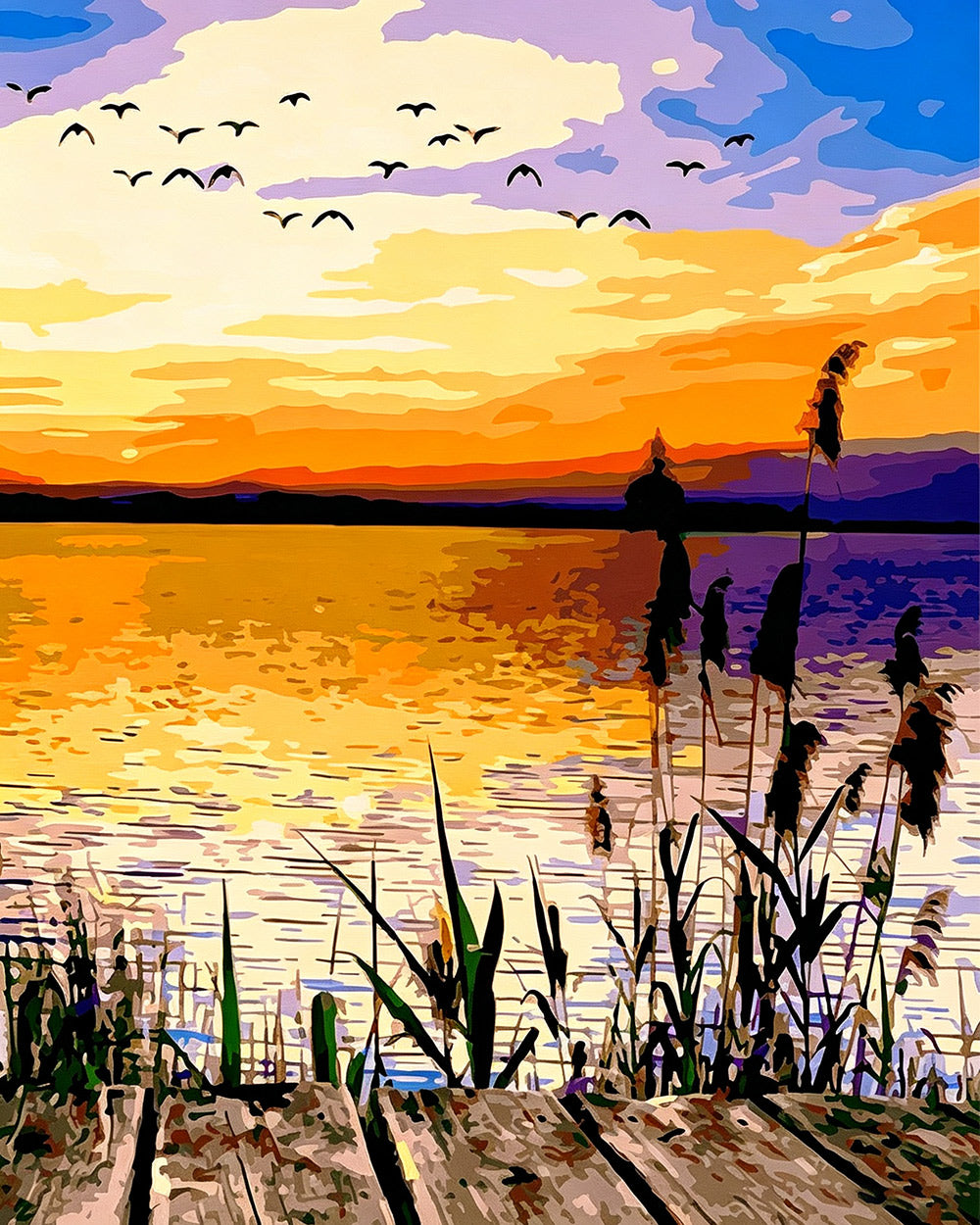 Sunset over water with flying birds paint by numbers kit for beginners