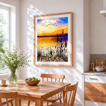 Sunset over water with flying birds paint by numbers artwork displayed on wall as home decor