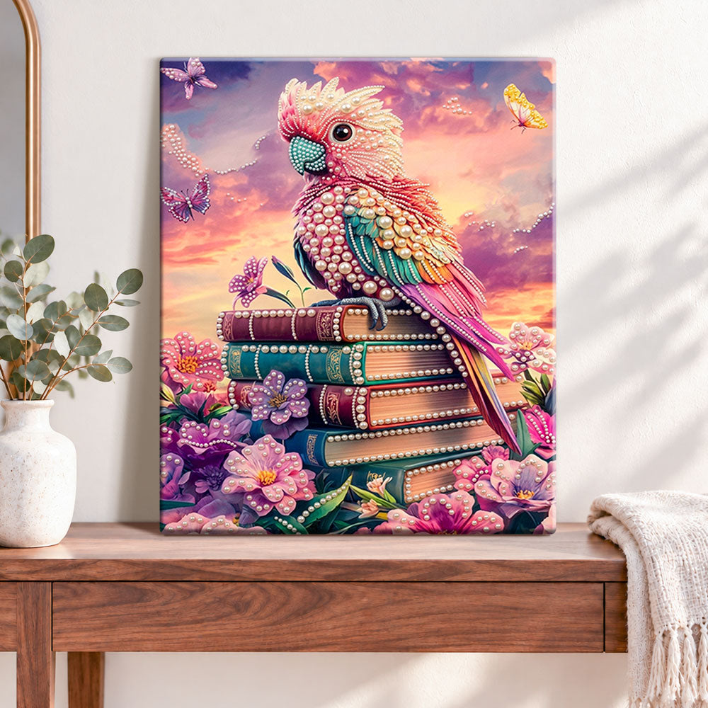 Finished sunset parrot and books pearl diamond painting artwork displayed as home decor
