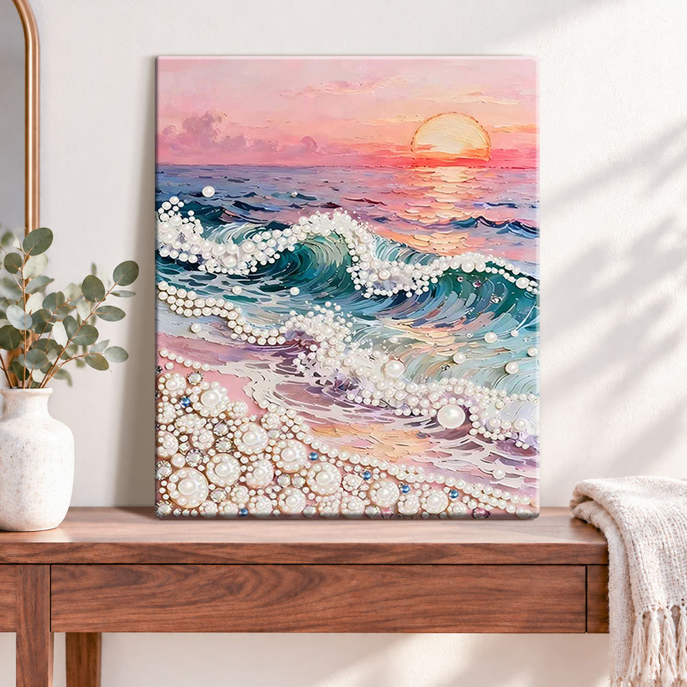 Finished sunset pearl ocean pearl diamond painting artwork displayed as home decor