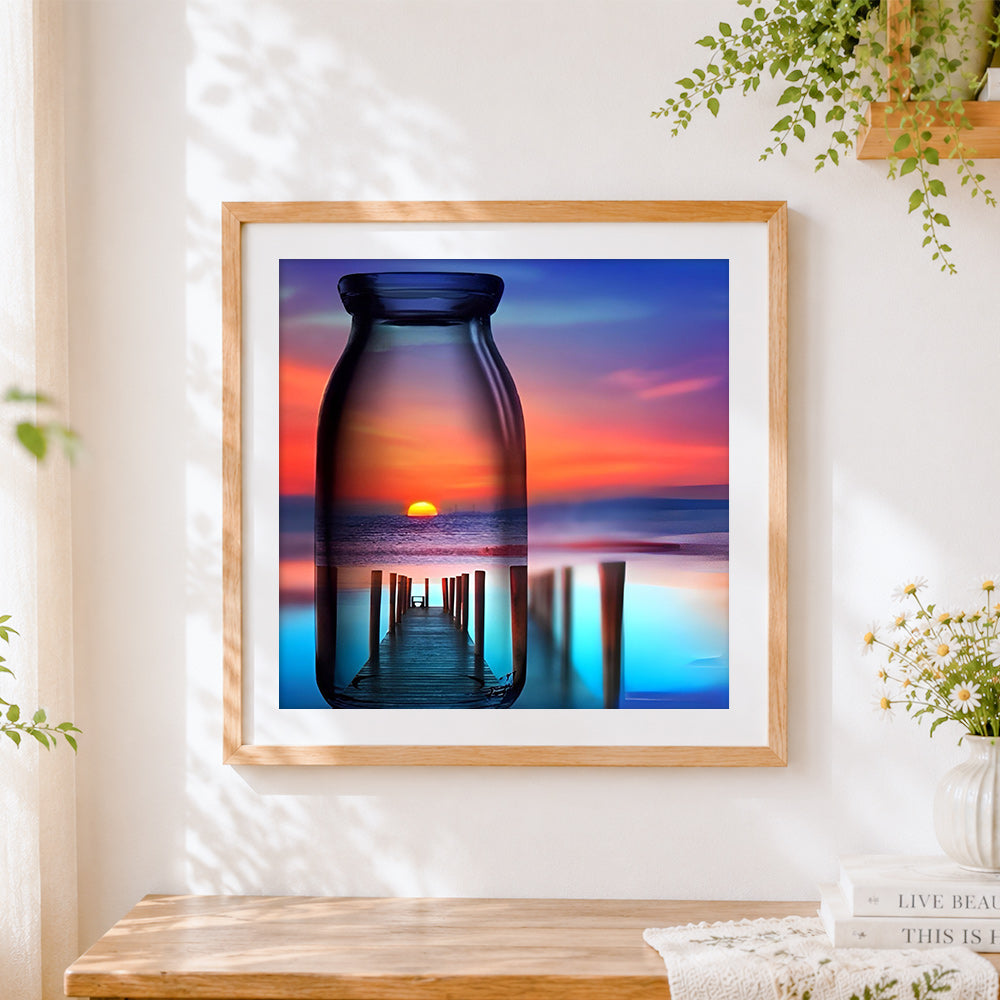 Finished sunset pier in glass bottle cross stitch artwork displayed