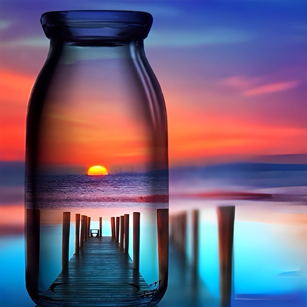 Sunset pier in glass bottle cross stitch kit for beginners
