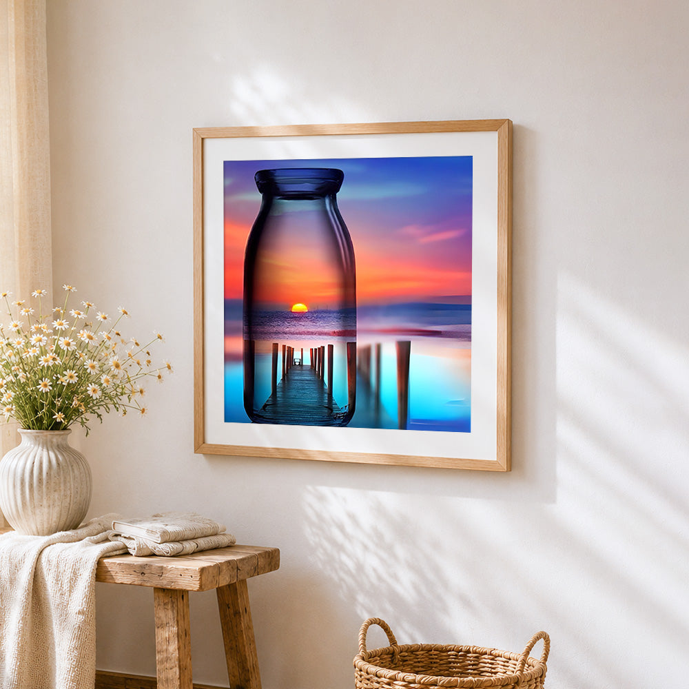 Sunset pier in glass bottle cross stitch artwork displayed on wall as home decor