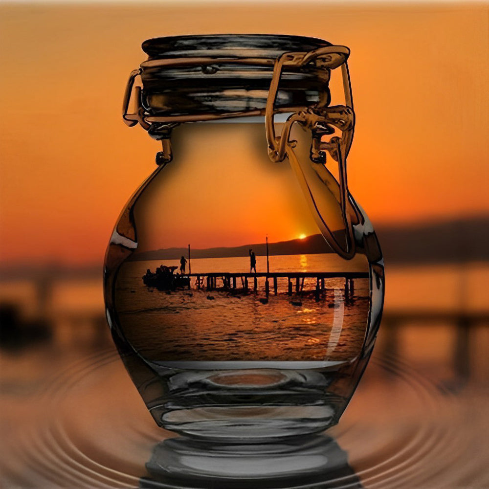 Sunset pier in glass jar cross stitch kit for beginners