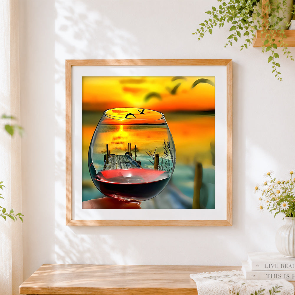 Finished sunset pier in wine glass cross stitch artwork displayed