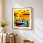 Sunset pier in wine glass cross stitch artwork displayed on wall as home decor