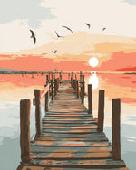 Sunset pier with seagulls cross stitch kit for beginners