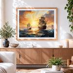 Finished sunset sailing ships cross stitch artwork displayed