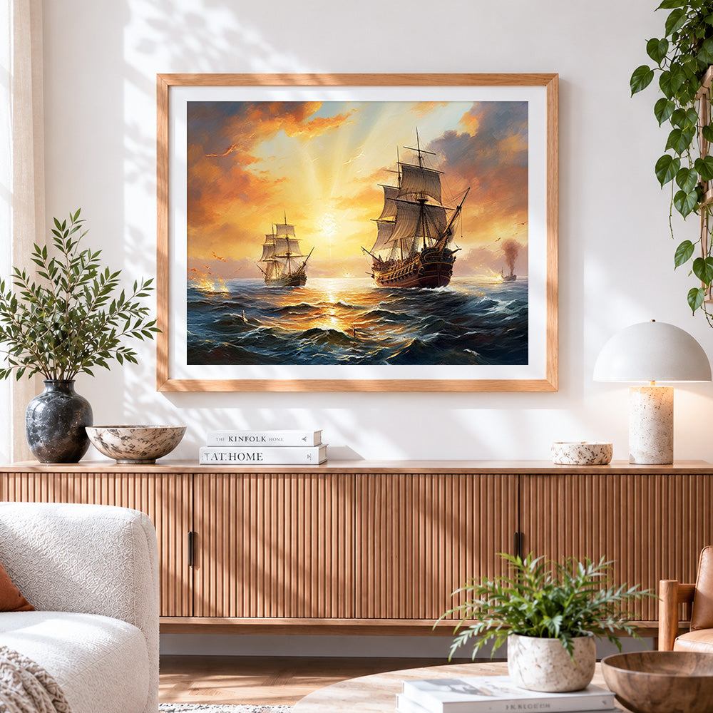 Finished sunset sailing ships cross stitch artwork displayed