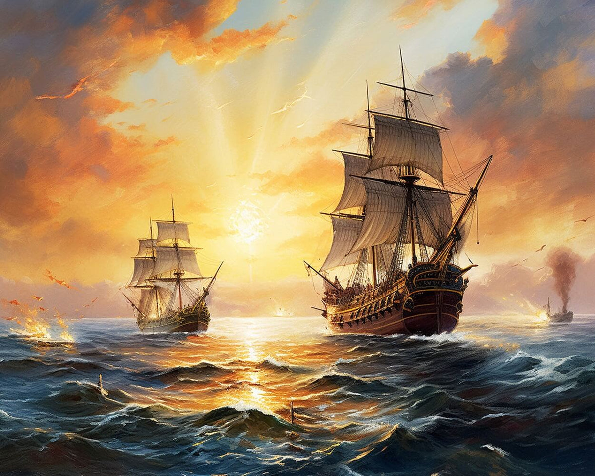 Sunset sailing ships cross stitch kit for beginners