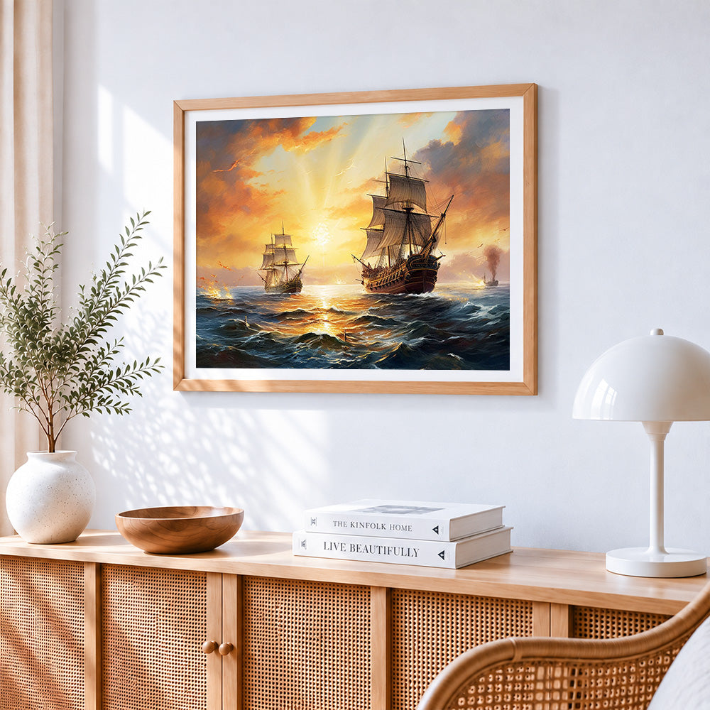 Sunset sailing ships cross stitch artwork displayed on wall as home decor