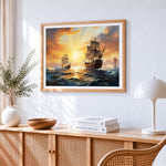 Sunset sailing ships paint by numbers artwork displayed on wall as home decor