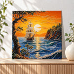 Finished sunset seaside tall ship pearl diamond painting artwork displayed as holiday home decor