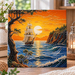 Sunset seaside tall ship pearl diamond painting kit for beginners