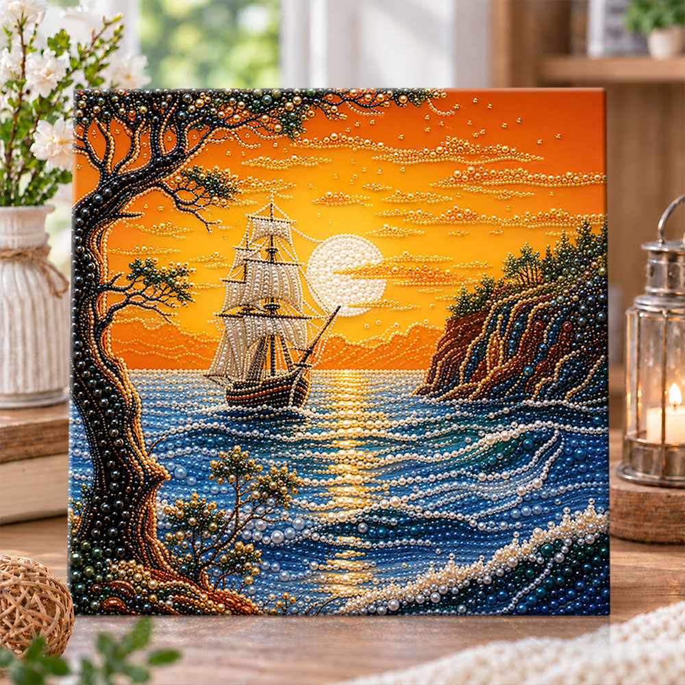 Sunset seaside tall ship pearl diamond painting kit for beginners