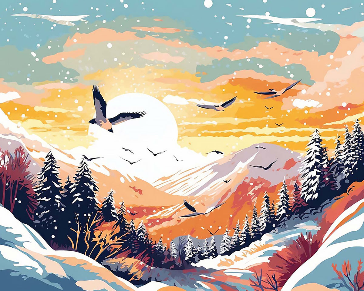 Sunset snowy mountains and birds cross stitch kit for beginners