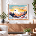 Finished sunset snowy mountains and birds paint by numbers artwork displayed as home decor