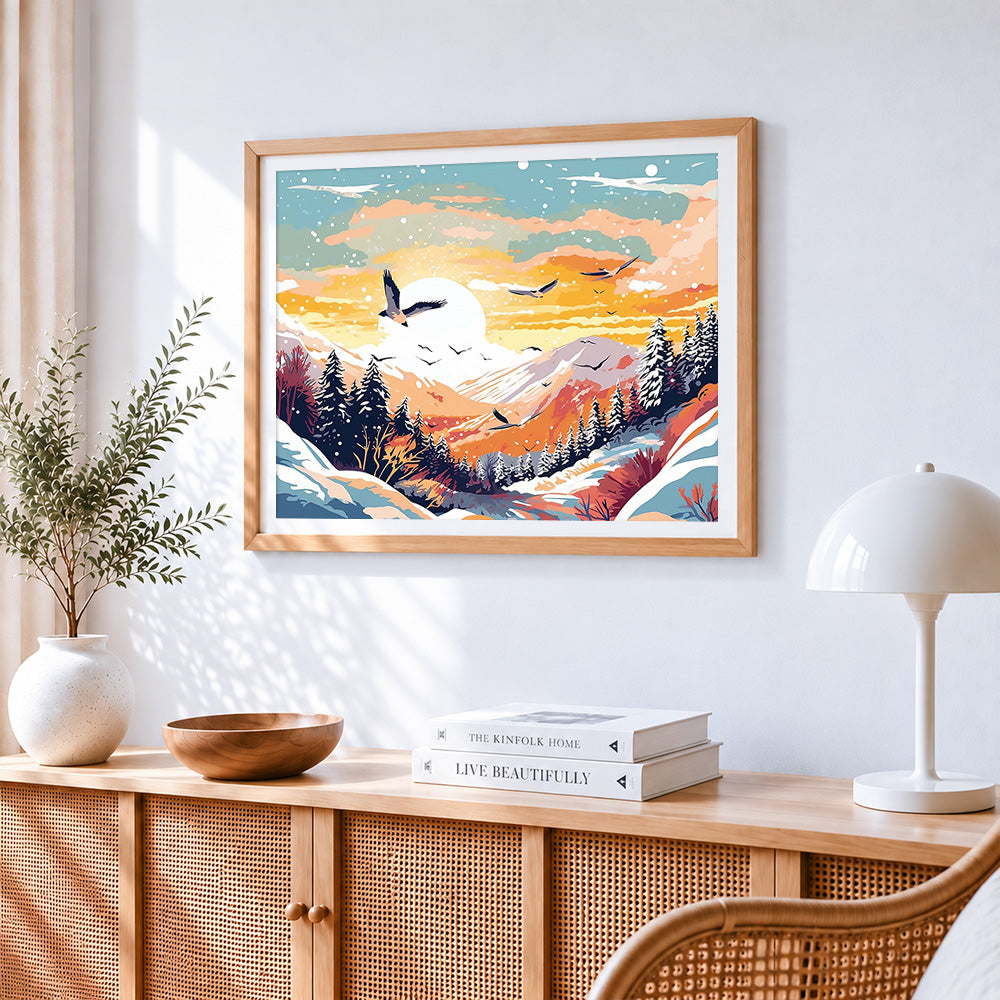 Sunset snowy mountains and birds paint by numbers artwork displayed on wall as home decor