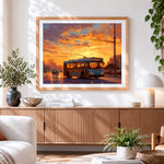 Finished sunset tram cross stitch artwork displayed