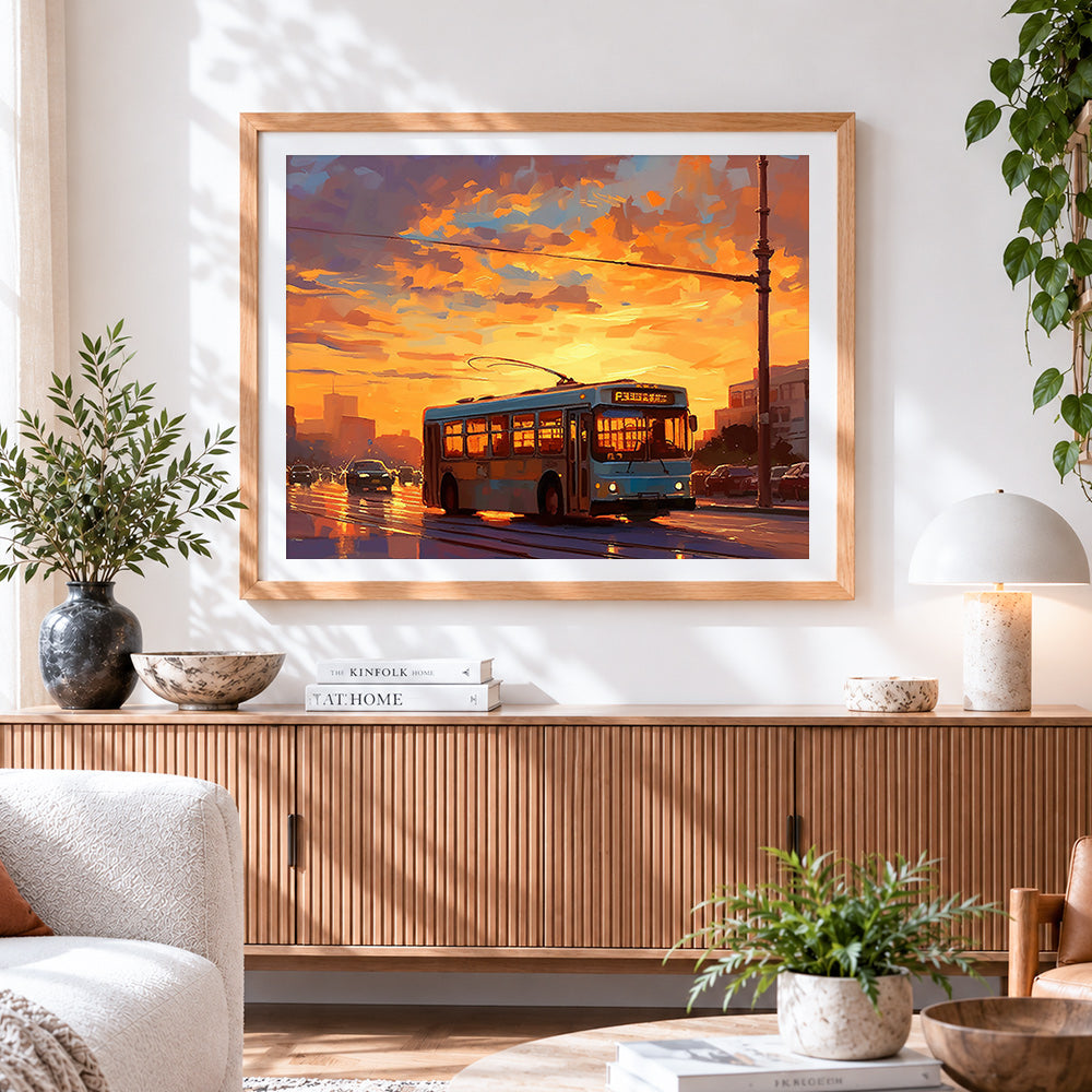 Finished sunset tram paint by numbers artwork displayed as home decor