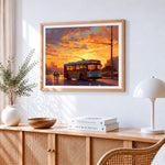 Sunset tram paint by numbers artwork displayed on wall as home decor