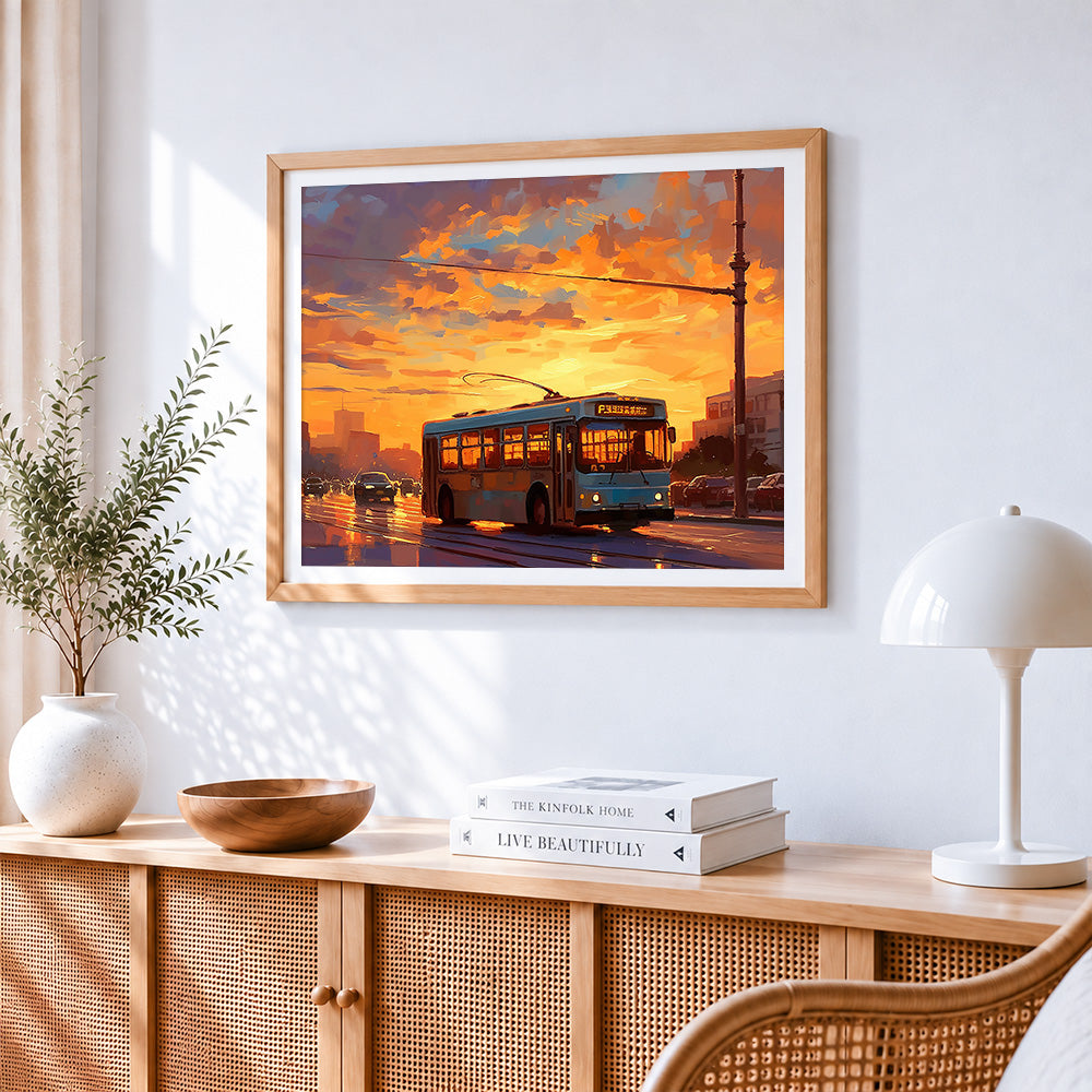 Sunset tram paint by numbers artwork displayed on wall as home decor