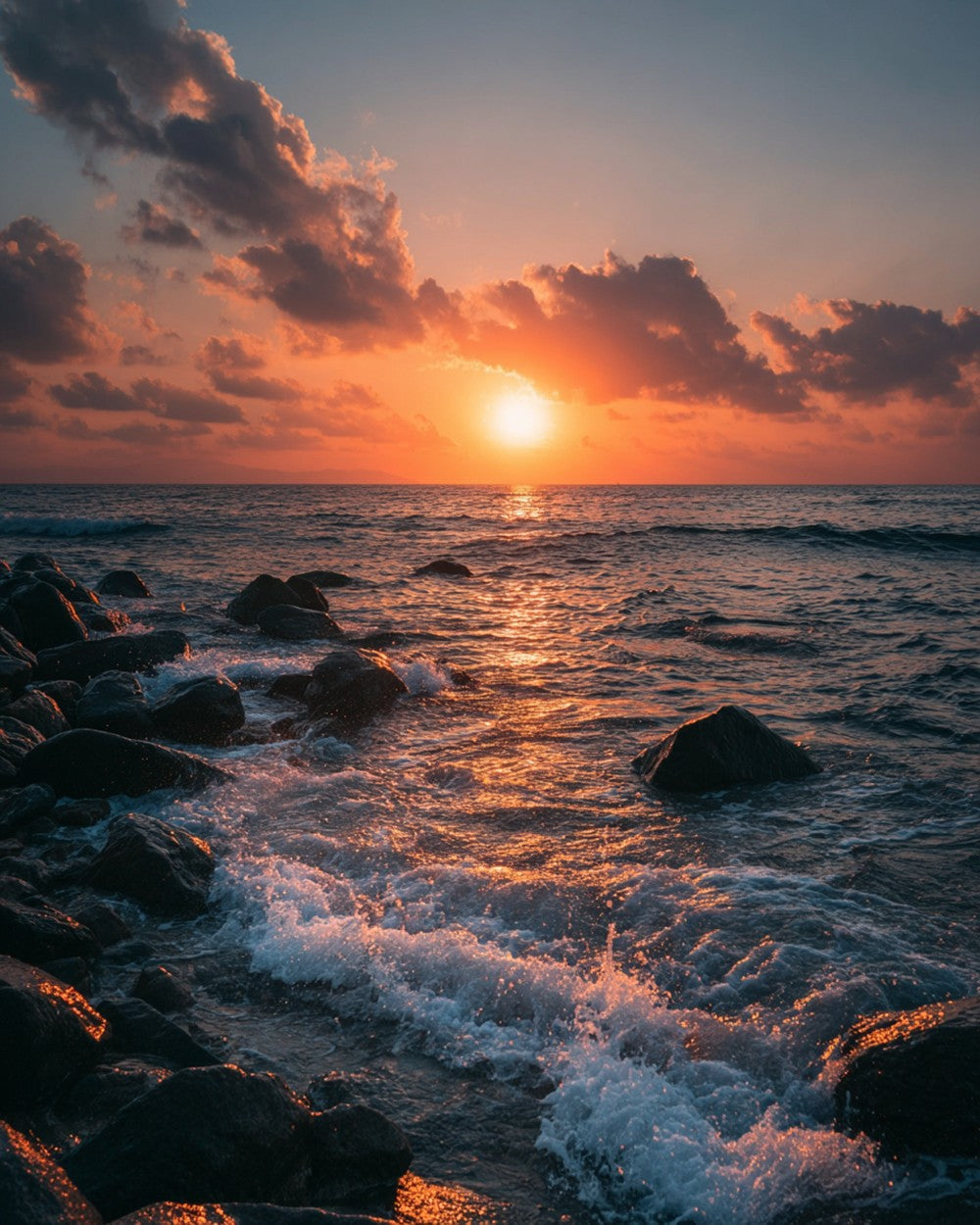 Sunset waves crashing on rocky shore cross stitch kit for beginners