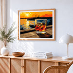 Sunset whisky glass cross stitch artwork displayed on wall as home decor