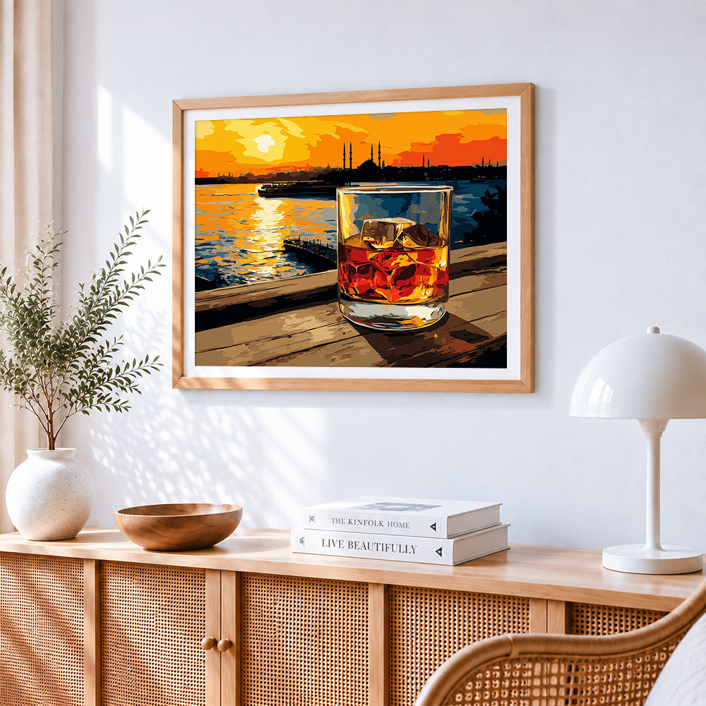 Sunset whisky glass paint by numbers artwork displayed on wall as home decor