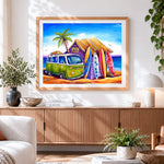Finished surf shack and green camper van paint by numbers artwork displayed as home decor