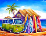 Surf shack and green camper van paint by numbers kit for beginners