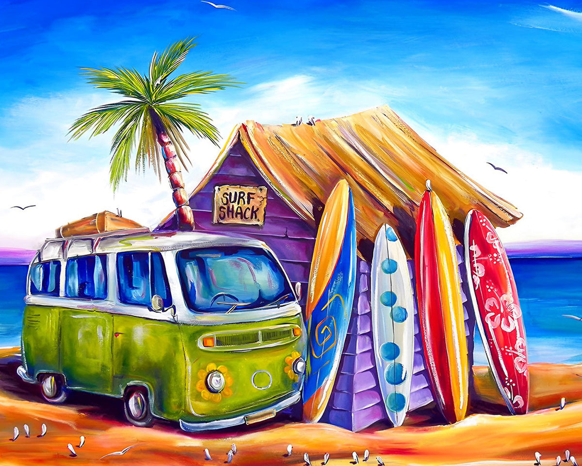 Surf shack and green camper van paint by numbers kit for beginners