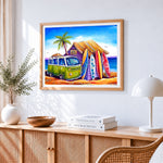 Surf shack and green camper van paint by numbers artwork displayed on wall as home decor