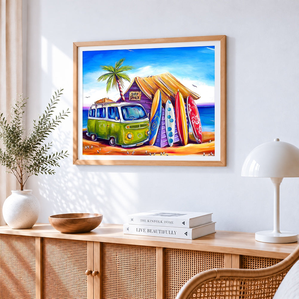 Surf shack and green camper van paint by numbers artwork displayed on wall as home decor