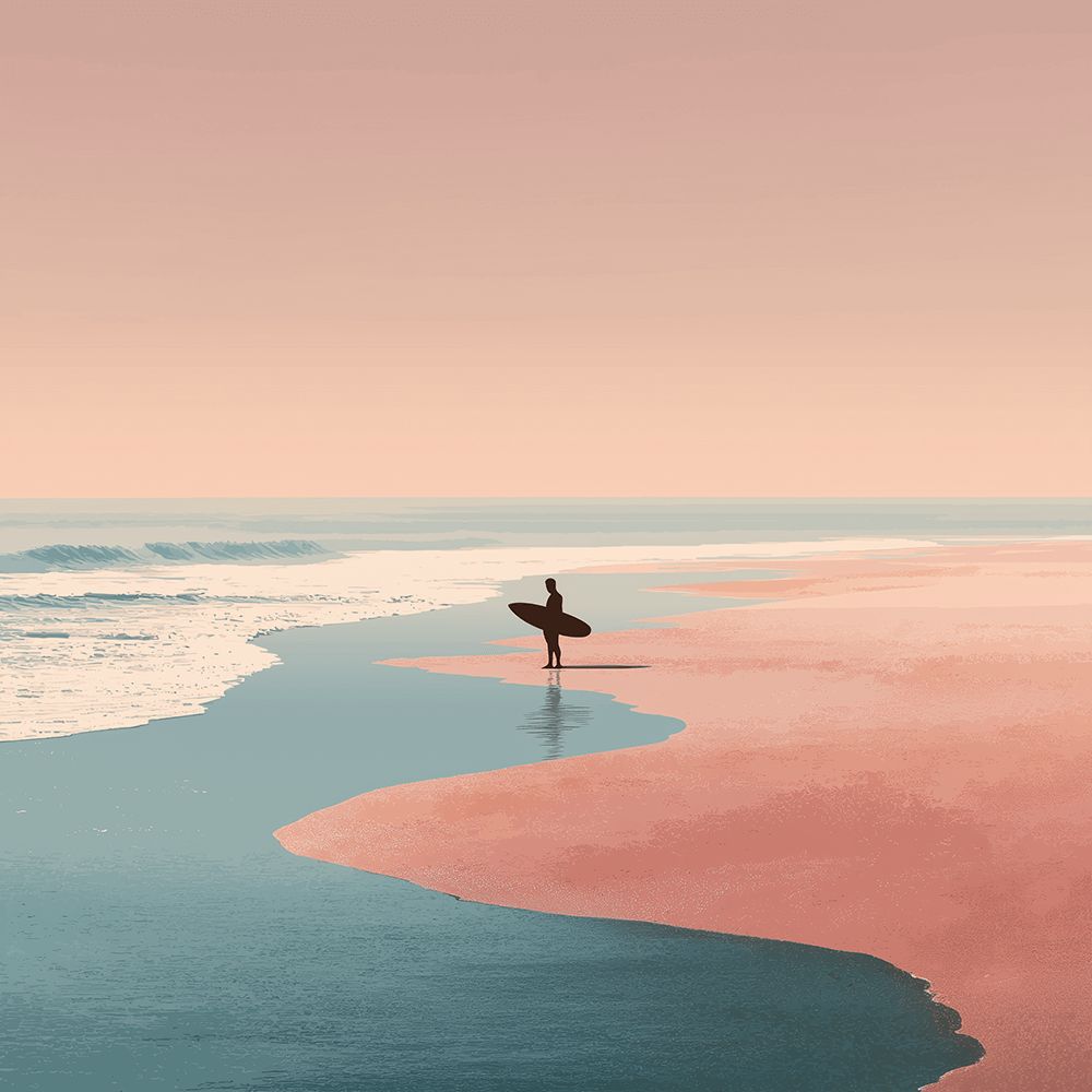 Surfer on a pink sand beach cross stitch kit for beginners
