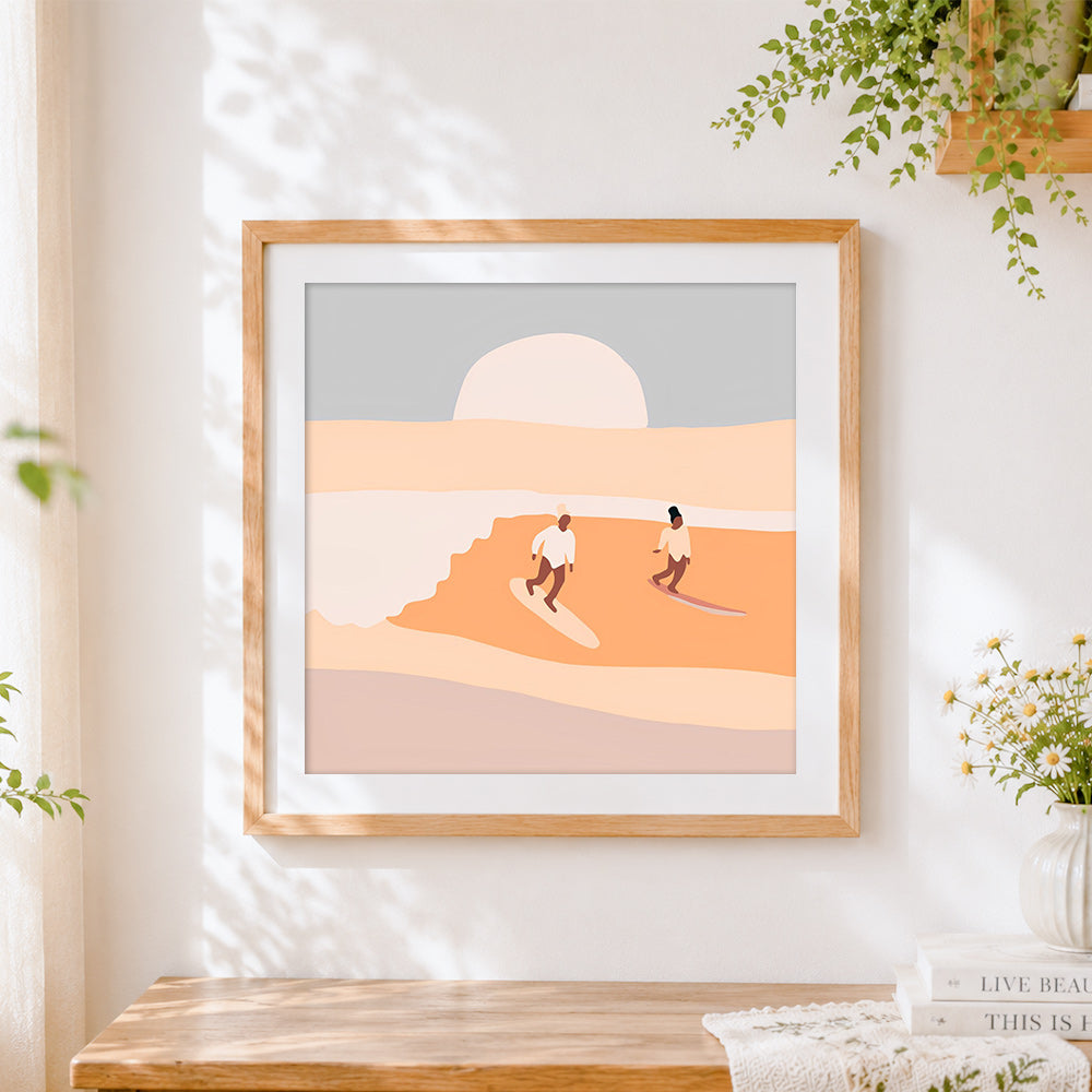 Finished surfers at sunset cross stitch artwork displayed