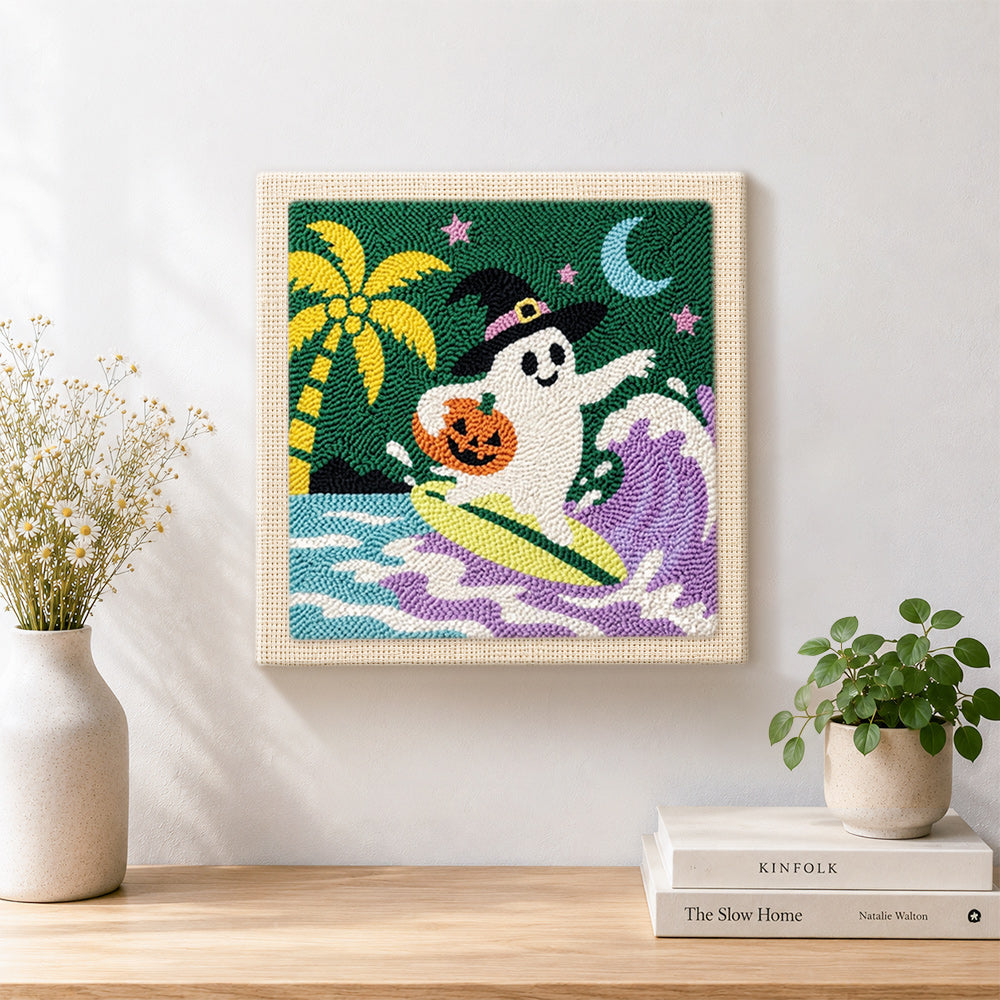 Finished surfing halloween ghost artwork displayed on a wall