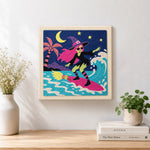 Finished surfing witch artwork displayed on a wall