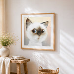 Surprised cat face cross stitch artwork displayed on wall as home decor