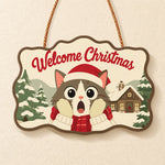 Surprised cat in snow cabin paint by numbers door hanger finished design