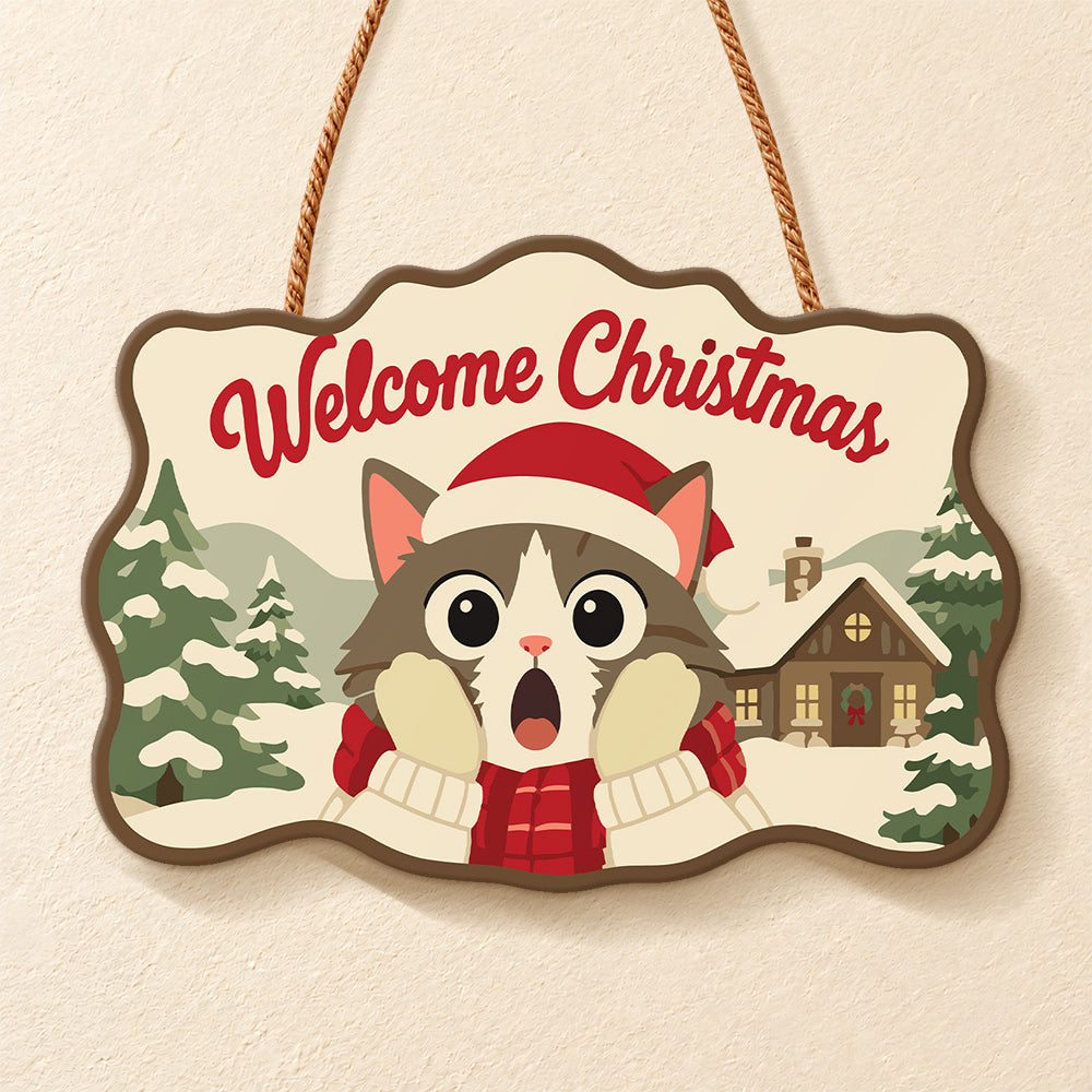 Surprised cat in snow cabin paint by numbers door hanger finished design