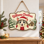 Surprised cat in snow cabin paint by numbers door hanger as indoor wall decor