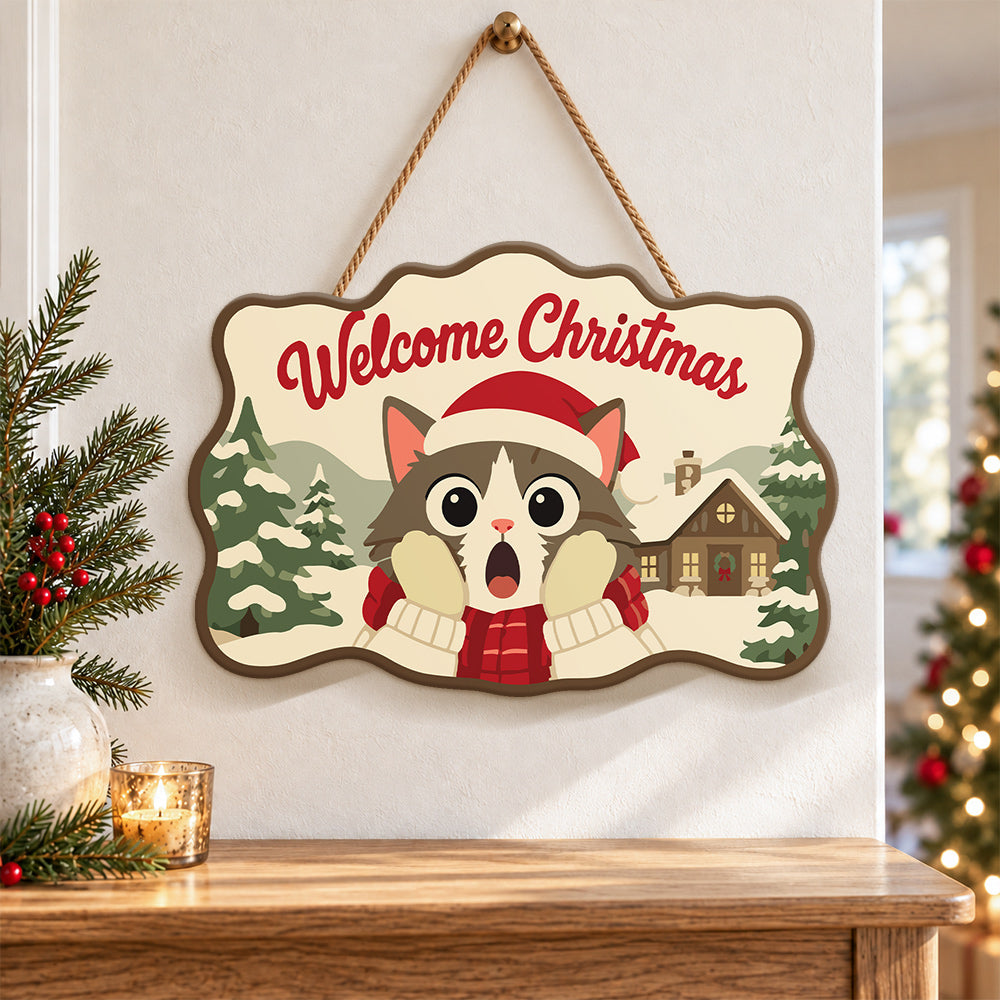Surprised cat in snow cabin paint by numbers door hanger as indoor wall decor