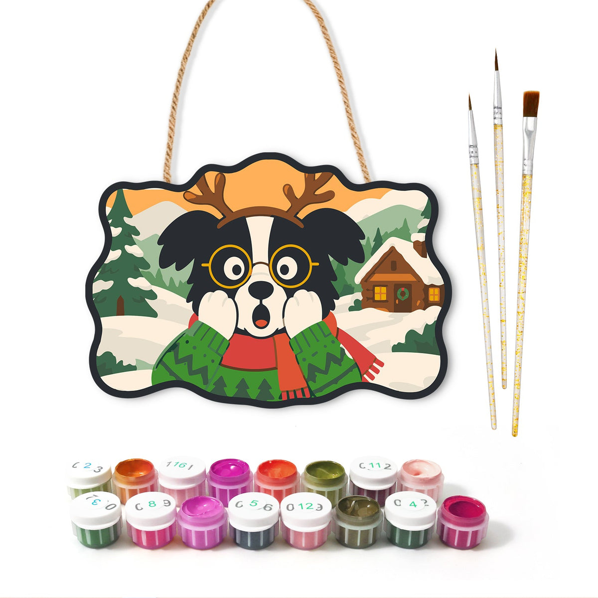 Surprised reindeer dog paint by numbers door hanger with paints and brushes
