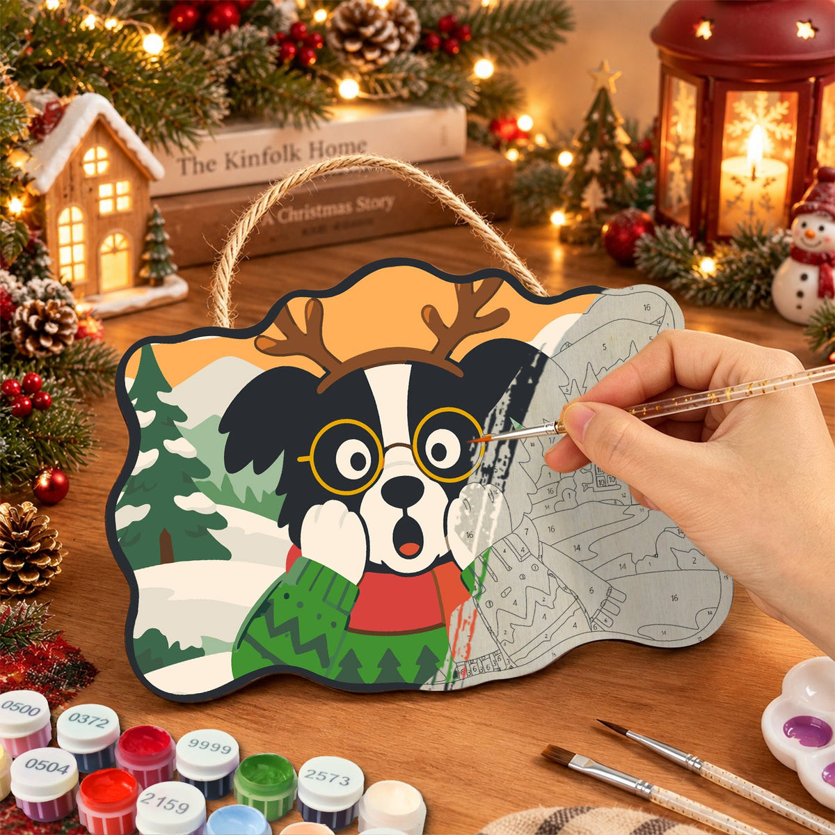 Surprised reindeer dog paint by numbers door hanger painting process
