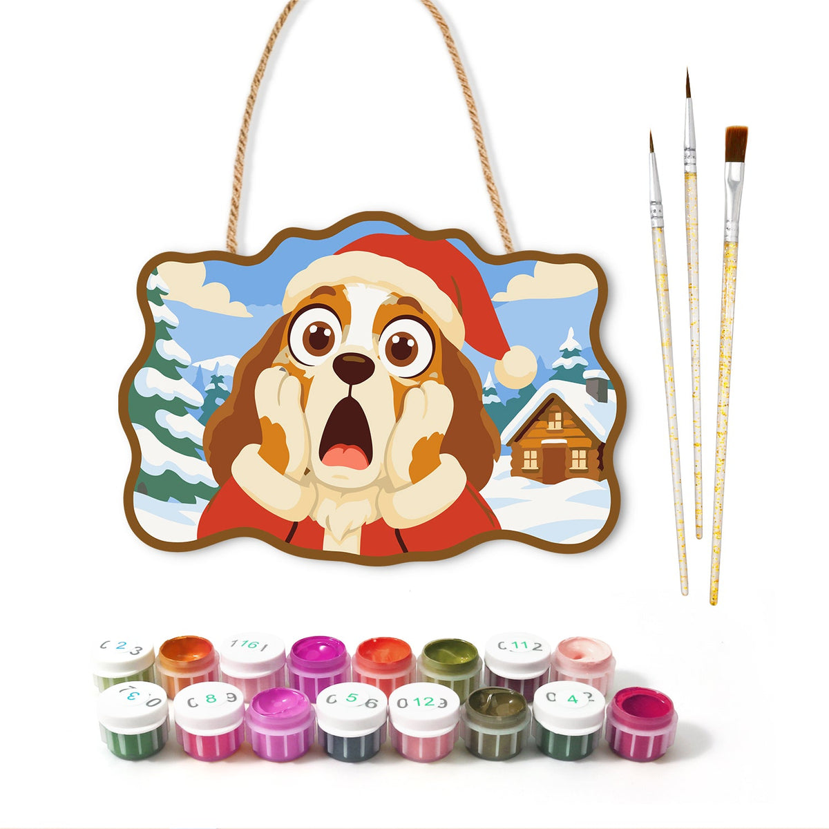 Surprised santa dog paint by numbers door hanger with paints and brushes