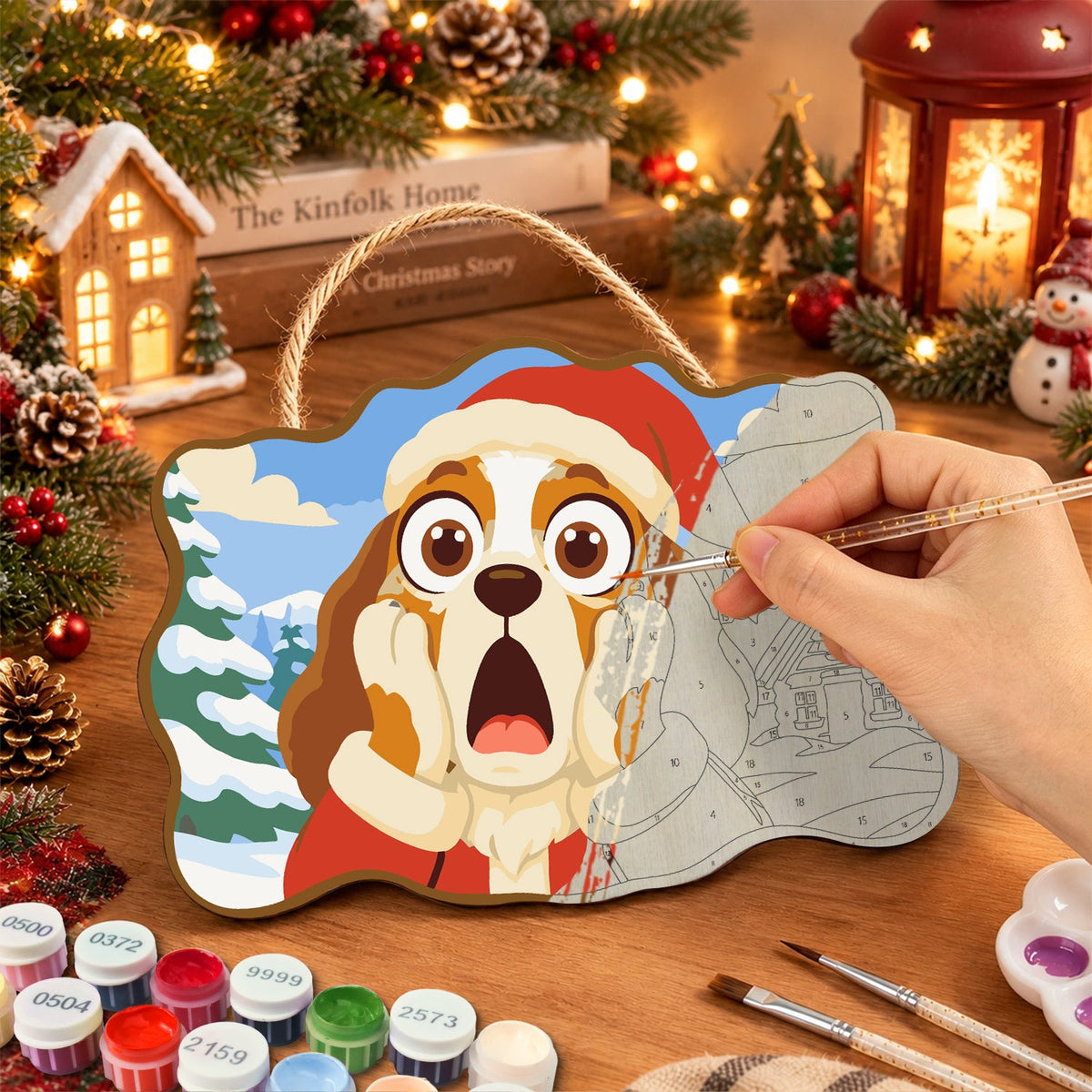 Surprised santa dog paint by numbers door hanger painting process